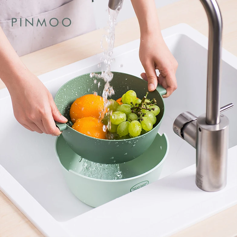 Pinmoo Design Kitchen Supplies Double Layer Vegetables Fruit Drain Storage Basket Washing Cleaning Tools