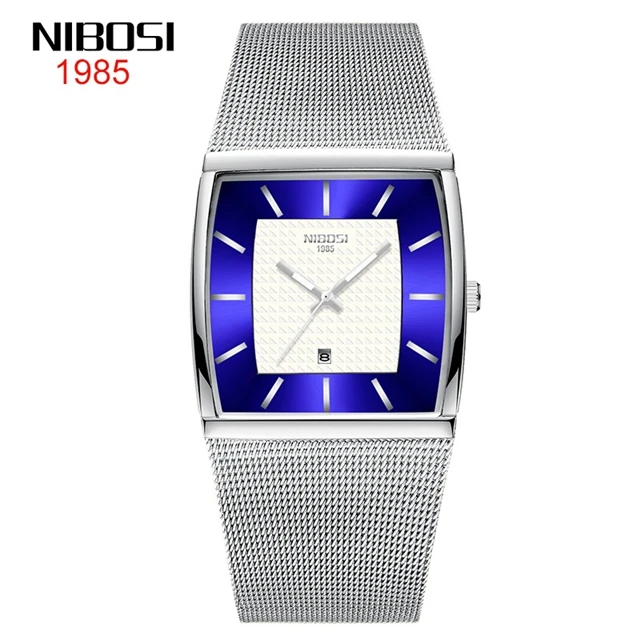 NIBOSI 2376 Square Luxury Mens Stainless Steel Date Clock Ultra Thin Quartz Watch