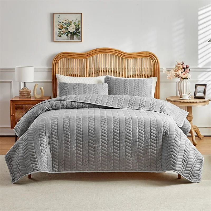Twin Size Bedspread Set 3pcs Microfiber Bedding With Pillowcase Full Hotel White Wheat Sheaf Solid Patchwork Quilt Set