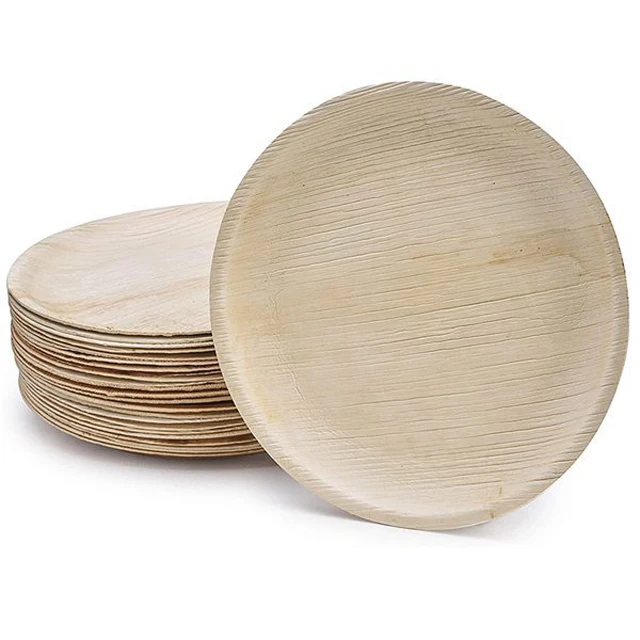 Biodegradable Areca palm leaf wooden bamboo plate, round palm leaf plates with cutlery