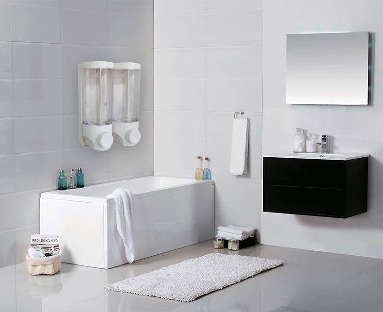 Wall mounted 380ml plastic kitchen cheap price double liquid soap dispenser bathroom shampoo dispenser