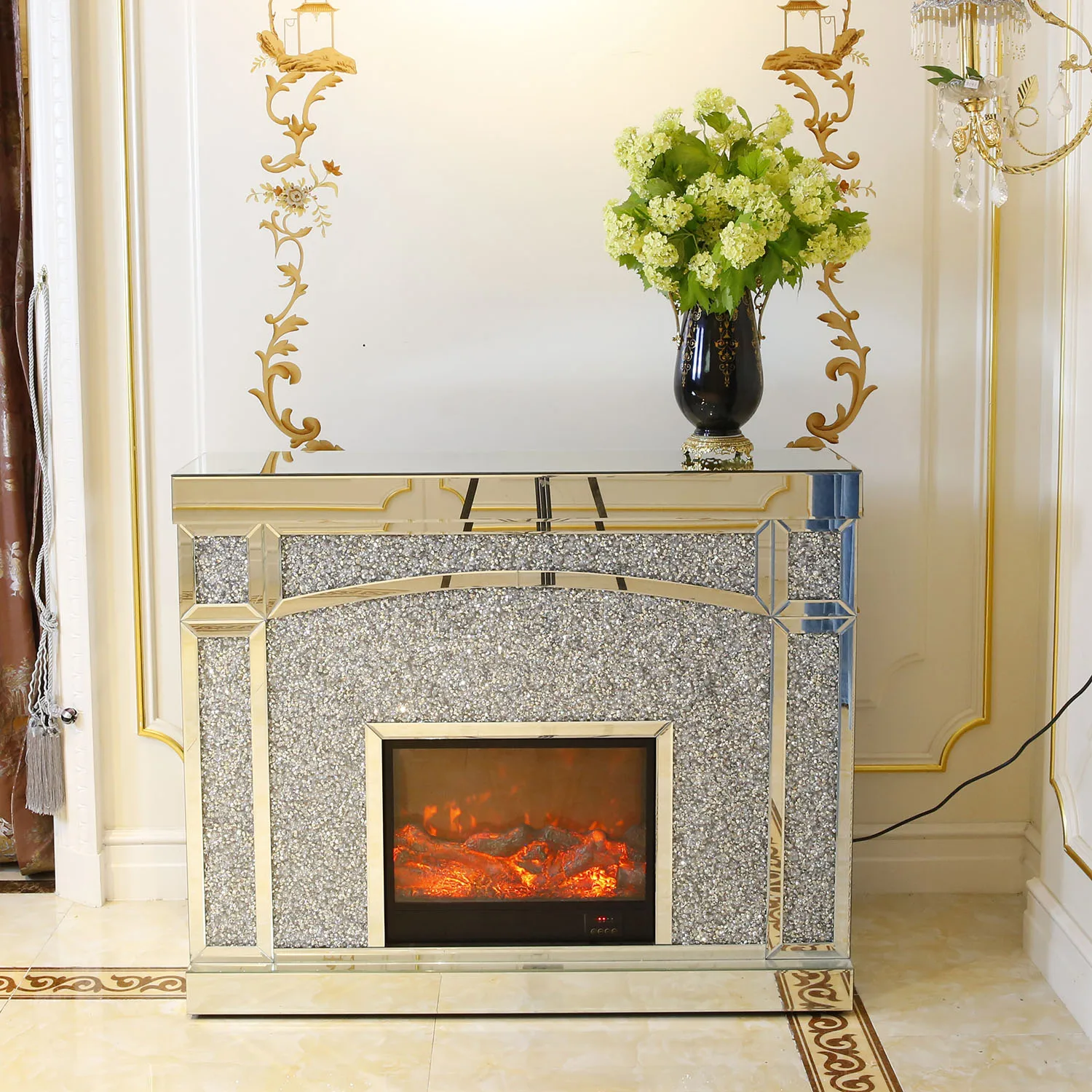 Intelligent Mirror Furniture Wireless Charging USB Bluetooth Speaker Multi Color LED Fireplace Heater