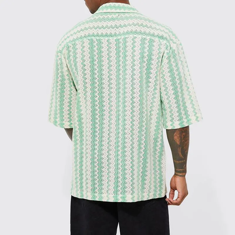 Wwxxxcom T Shirt Supplier Green And White Striped Mesh Surface Breathable Button Lapel T Shirt For Men