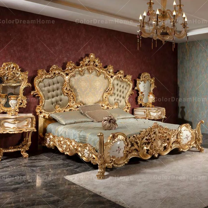 Luxury Royal Bedroom Sets Turkish Style Golden Carved Bedroom Furniture with Nightstand and wardrobe