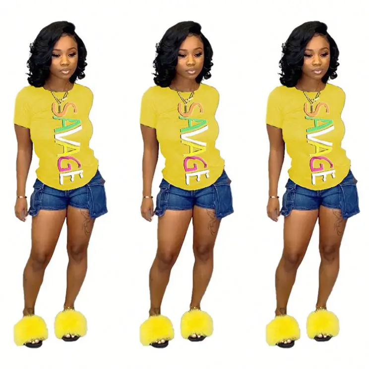 
0819M359 Casual Summer Hot Selling Round Neckline Letter Digital Printed Ladies Tshirt Trendy Design Women Solid Fashion T Shirt 