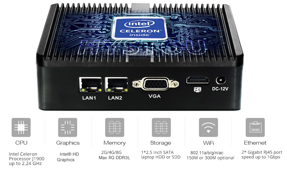 HYSTOU Micro PC Quad Core Intel Celeron J1900 Win 10 Linux 4 USB Support 4K Dual Display Fanless Industrial Mini Desktop PC