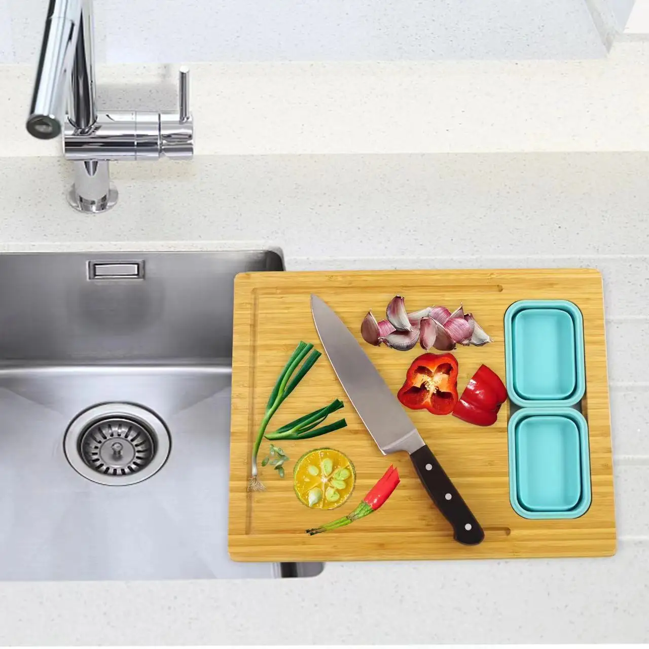 Bamboo wooden chopping board cheese portable outdoor cutting board with folded silicon storage box