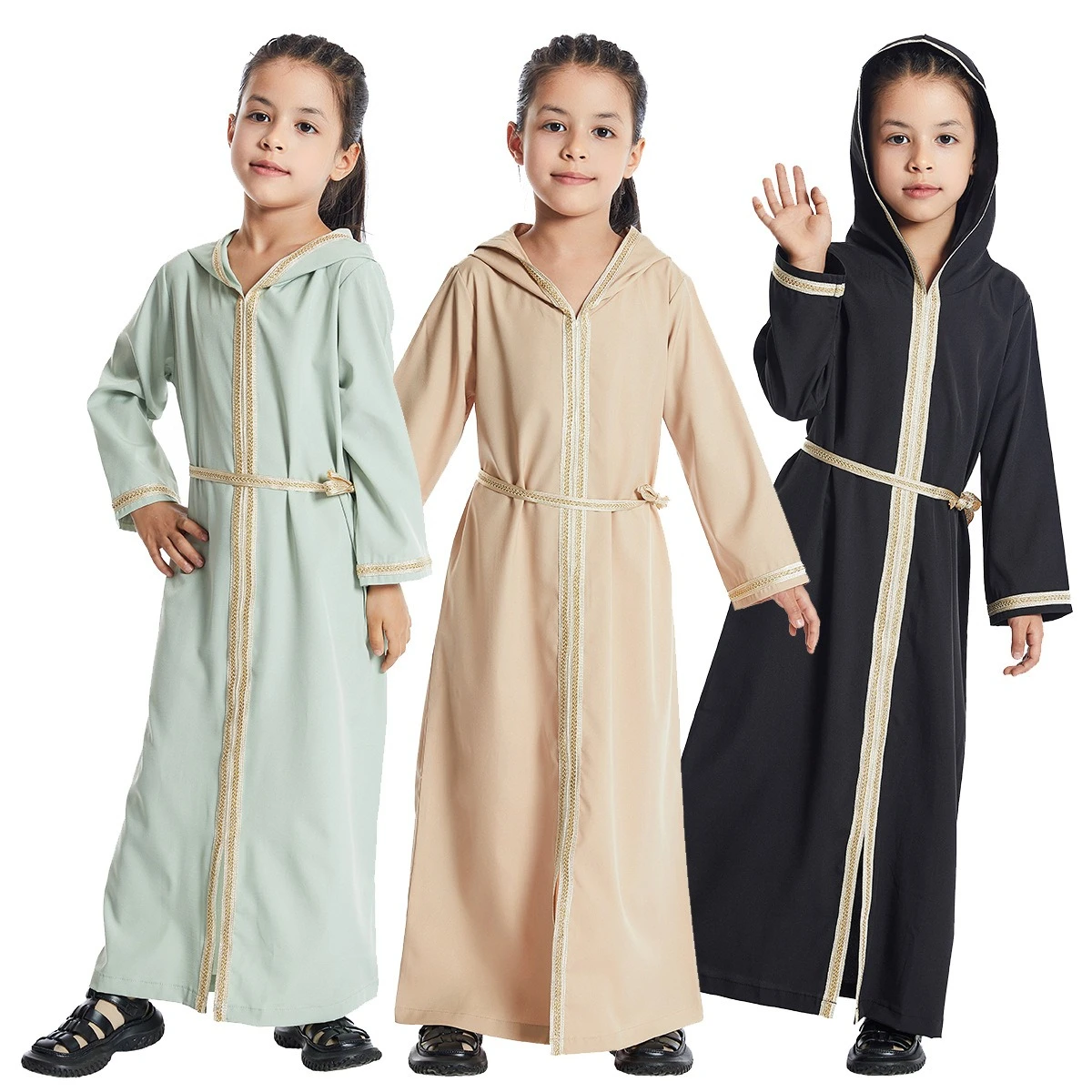 2024 NEWCustom size ramadan kids abayas girls muslim children full sleeve arab shoodie abaya dress