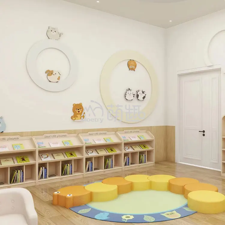 Moetry Fashion Design Wooden Childcare Furniture Kids Classroom Reading Area School Library Bookcase Forest Theme