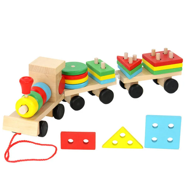Kids Christmas gift digital, color and shape cognitive wooden digital train geometrical shape stacking block train toy