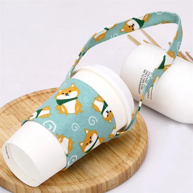 Custom Made Unique Portable Reusable Cotton Canvas Drink Milk Tea Coffee Cup Sleeve Holder Sling Carriers With Handle