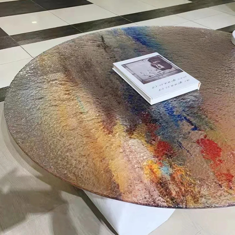 Newly Designed  Colorful Coffee Table Luxury Art Glass Top Stone Base Round Table