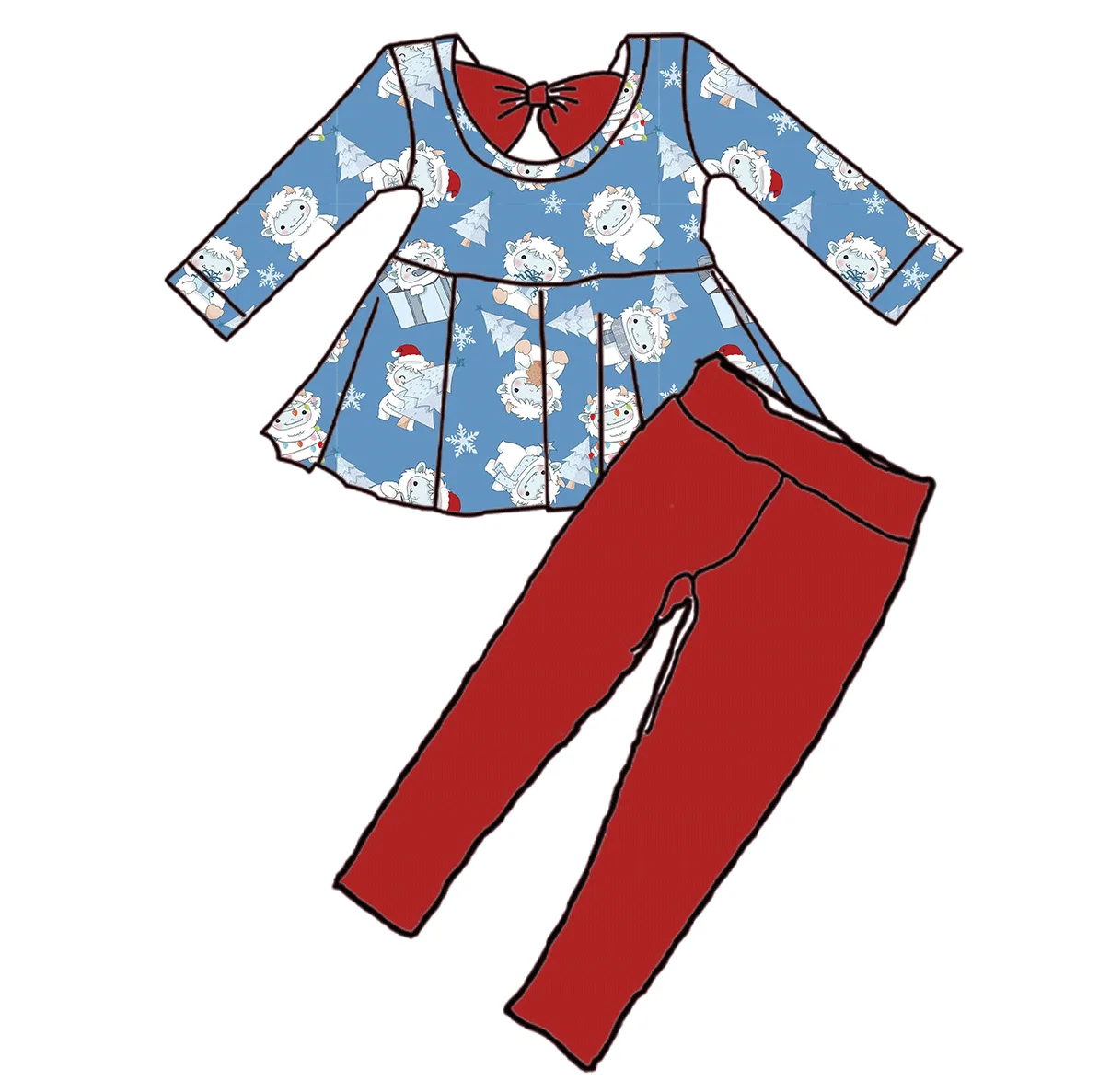 Hot Sale Custom Christmas Print Girls Peplum Top With Leggings Two Pieces Outfits Girls Winter Sets
