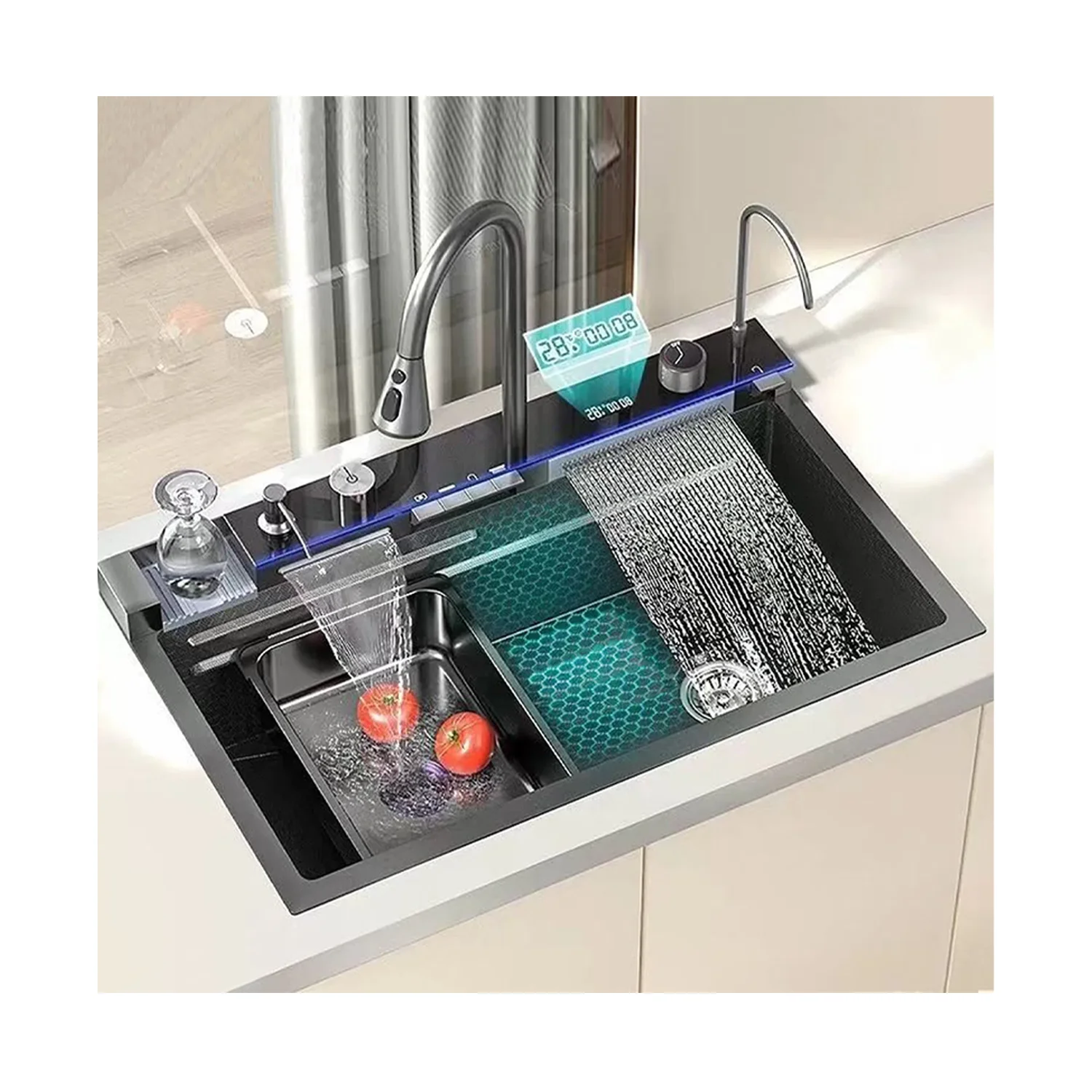 Delux Black Stainless Steel Sink Kitchen Single Slot Multifunction LED Digital Display Waterfall Smart Kitchen Sink Cup Washer
