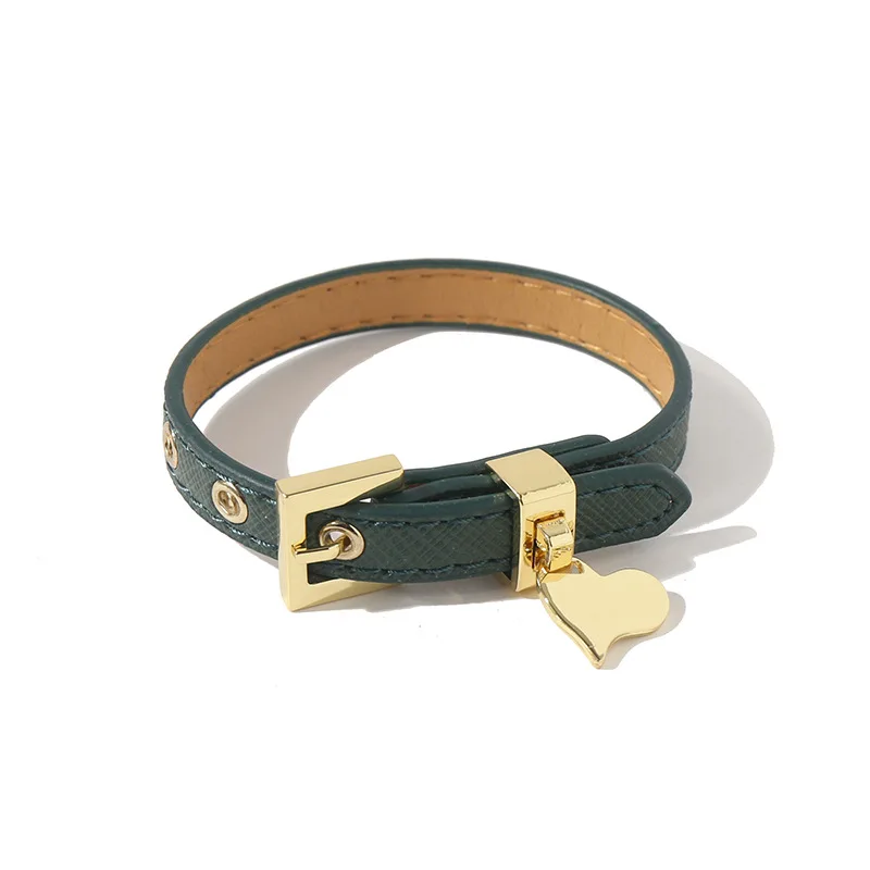 Cool High Quality Cowhide Leather Bracelets 18K Gold Plated Stainless Steel Square Buckle Bead Love Heart Pendant Bracelets