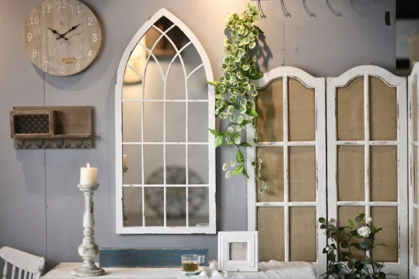 Antique Classic Rustic Cathedral Gothic Arch Style Farmhouse Windowpane Decorative Framed Customized Stand Floor Wall Mirror