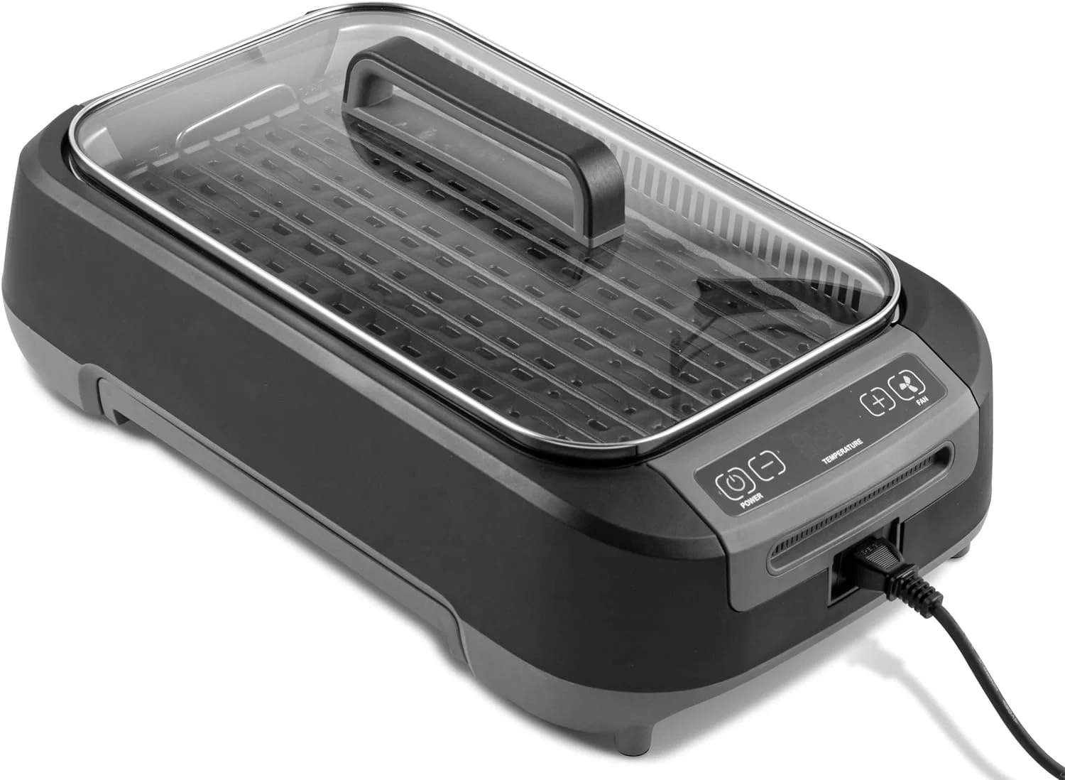 New design Smokeless Grill with Tempered Glass Lid with Interchangeable Griddle Plate and Turbo Speed Smoke Extractor Technology