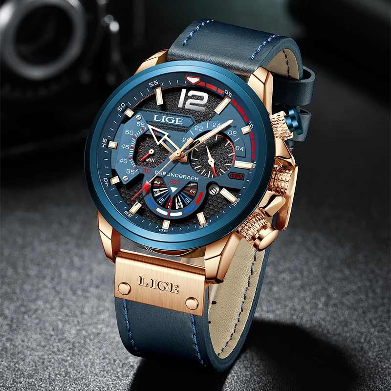 LIGE LG8959 new arrival blue male quartz watch low cost PU leather band 3 dials chronometer old sports hand watch