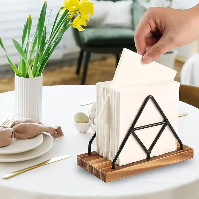 Napkin Serviette Holder Desktop Ornament Dining Metal with Wooden Base Tabletop Tissue Dispenser Napkin Storage Box Organize