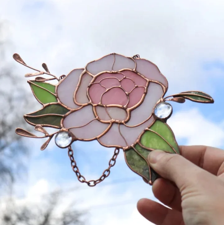 Peony Stained Glass Pendant Window Decoration Home Decor Garden Natural Raw Crystal Crafts Sun Catcher