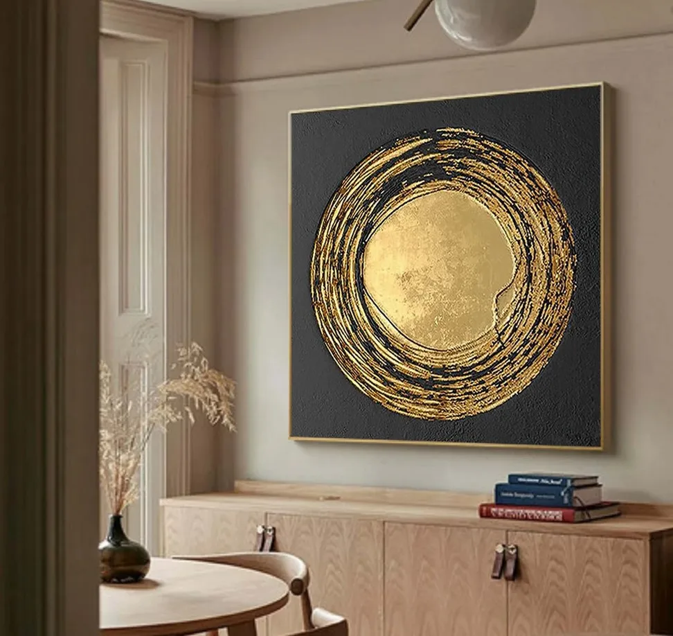 Large Golden Circle Oil Painting on Canvas Abstract Original Minimalist Gold Leaf Texture Acrylic Painting Living Room Wall Art