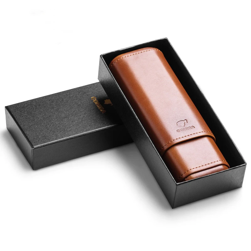 Brown Black Leather Portable travel Cigar Case with 2  Tubes of Cedar Wood