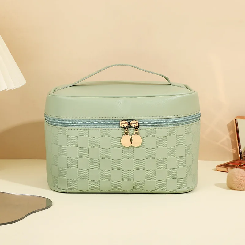 Beautiful Brown Makeup Bag Checked Pattern Wash Bags High Capacity Toiletry Bags for Trip