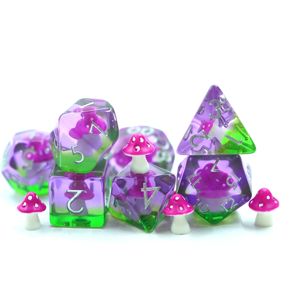 Yushun Novelty Pink Resin Polyhedral Dnd Game Dice Set 16Mm Mushroom Rpg Dice Set Of 7