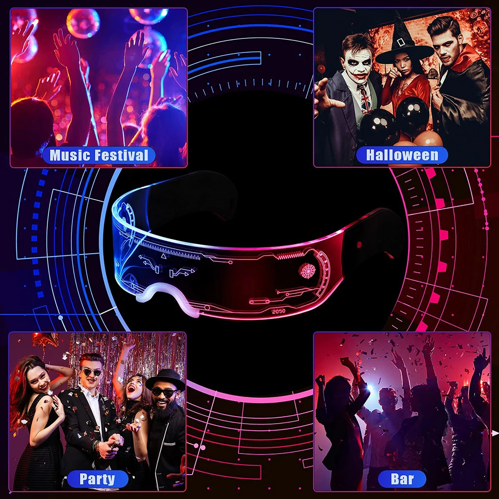 LED Light up Glasses Futuristic Glasses Luminous Rave Glasses 7 Colors 4 Modes for Club Christmas Party