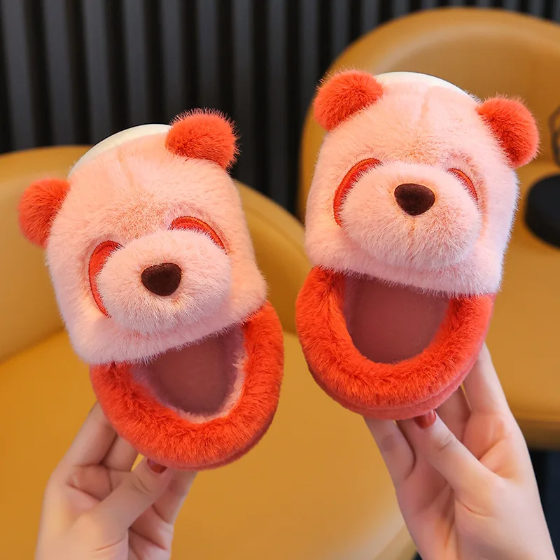 2024 New kids boys fuzzy indoor bear slippers warm fur slip on cotton shoes children girls plush furry home slides slippers