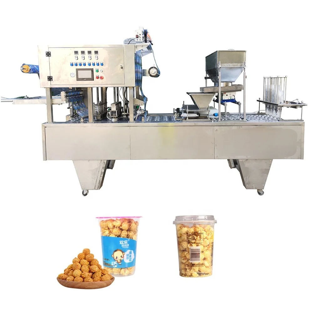CE Approval Popcorn Potato Chips French Fries Plastic Paper Cup Automatic Filling And Sealing Machine Manufacturer