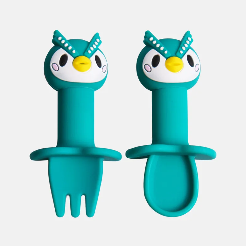 Manufacturer Supply Food Grade Silicone Owl Shape Baby Dinner Feeding Plate With Stainless Steel Spoon And Fork
