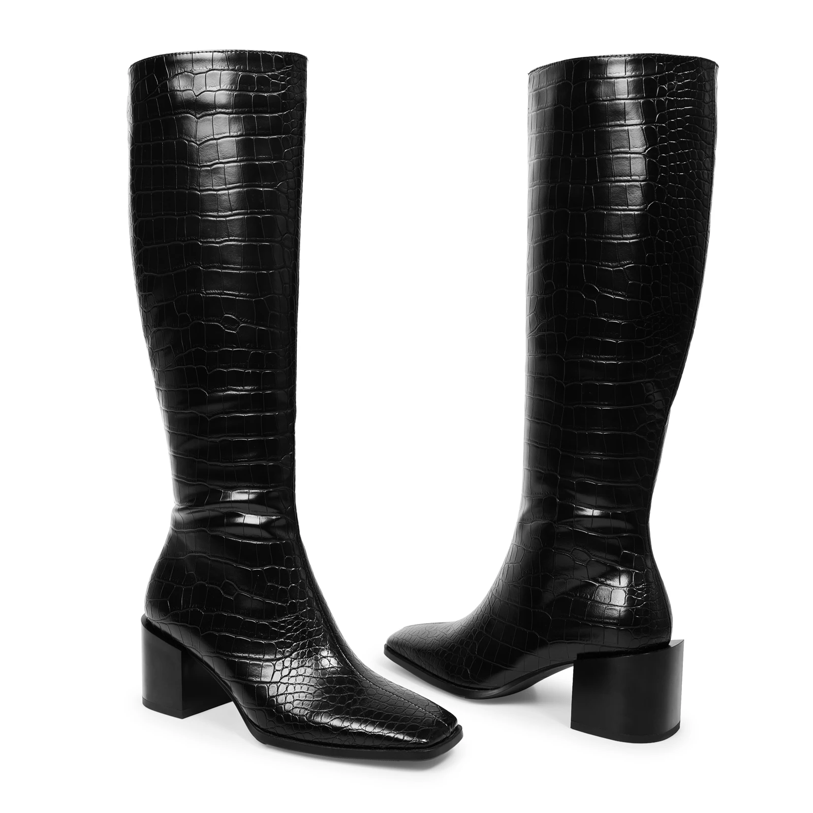 WETKISS Wholesale Custom Crocodile PU Shoes Tall Women Long Boots Black Go Go Boots Chunky Heel 70S Women Boots