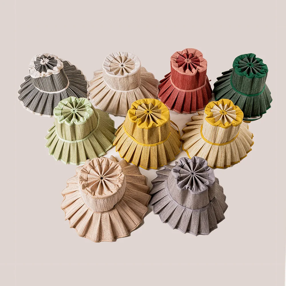 2023 new arrivals Foldable Summer Sun Hat with Strap Portable Travel Beach Hats Pleated Straw Hat