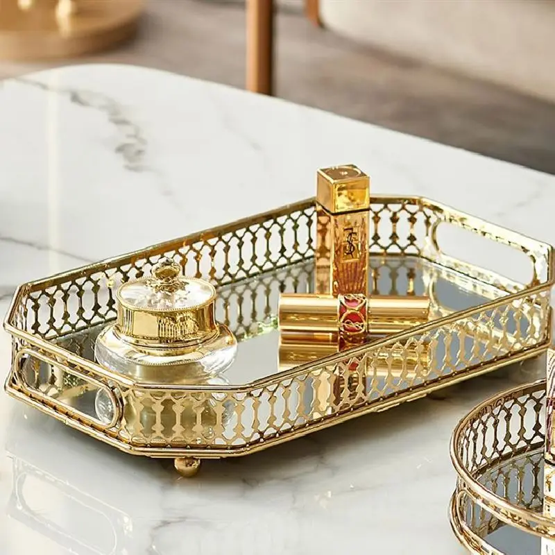 
Glass Desktop Mirror Trays Decoration Gold Metal Mirror Living Room Coffee Table Storage Tray 