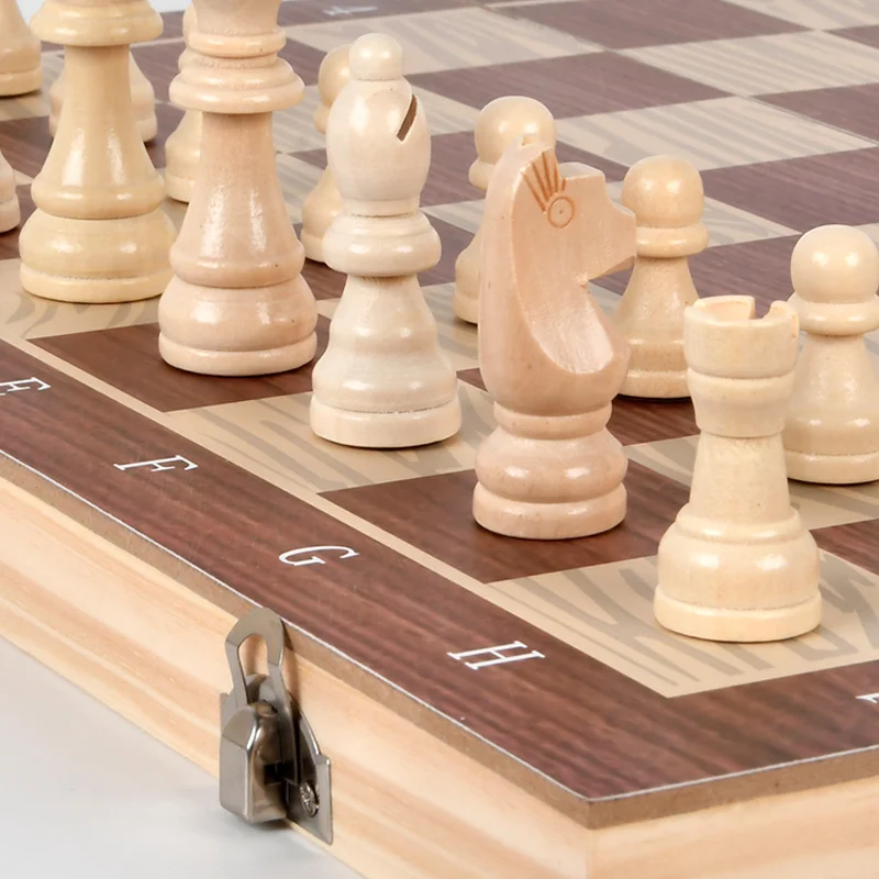 Dericsson 3-in-1 Wooden solid wood chess checkers Backgammon game Folding portable puzzle board toy