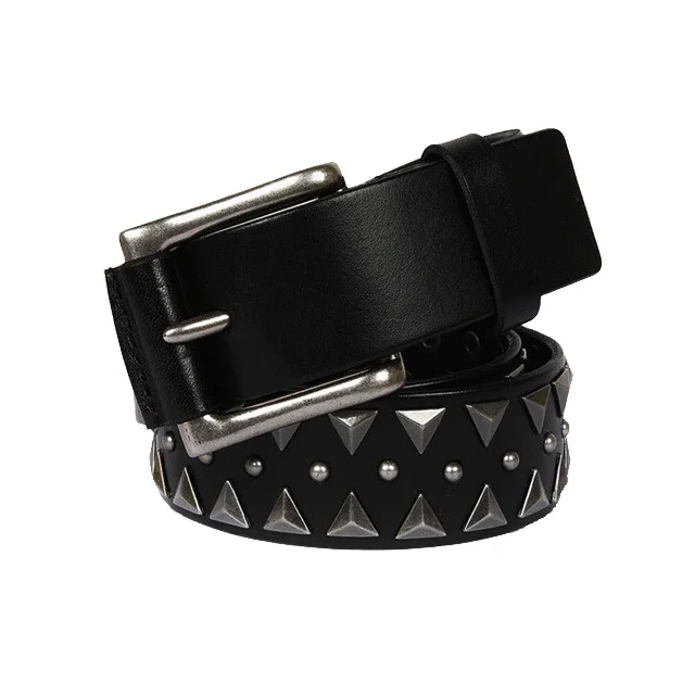 2020 new triangle rivet head layer cowhide belt 3.8 width men and women type black cowboy belt wholesale manufacturers
