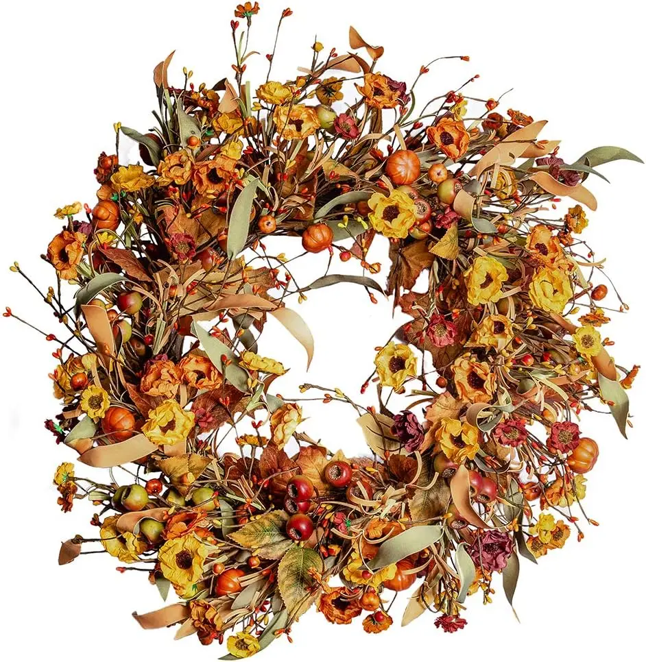 Artificial Fall Wreath 22 Inch Fall Wreaths for Front Door Autumn Wreath with Berries Pumpkins Maple Leaves for Wall