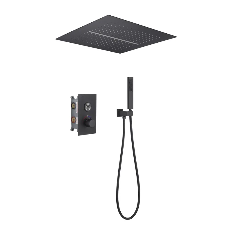 Modern 12 Inch Ceiling Rain Shower System Flush-Mounted Shower Set Black with Rain Shower Head Stainless Steel