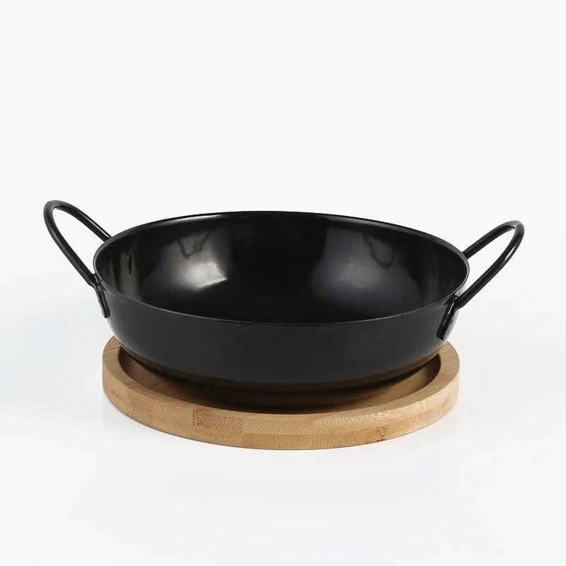 Hot Selling 20cm Black Chinese Mini Wok Set with Wooden Tray Small Wok Pan for Home