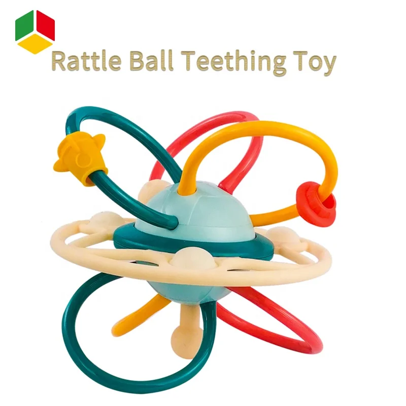 QS OEM&OEM Baby Grasping Ability Teether Toys Soft Rubber Teething Rattle Balls Baby Toys Silicone Teether Ball With Sound