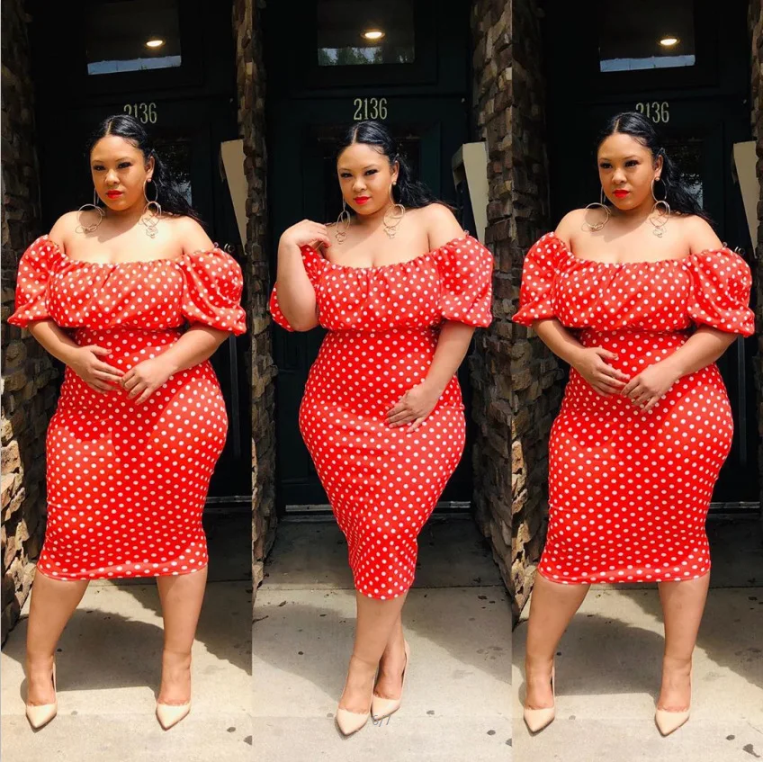 2021 summer Europe and the United States red spot printing lantern sleeve large sexy one-word shoulder fashion one-step skirt