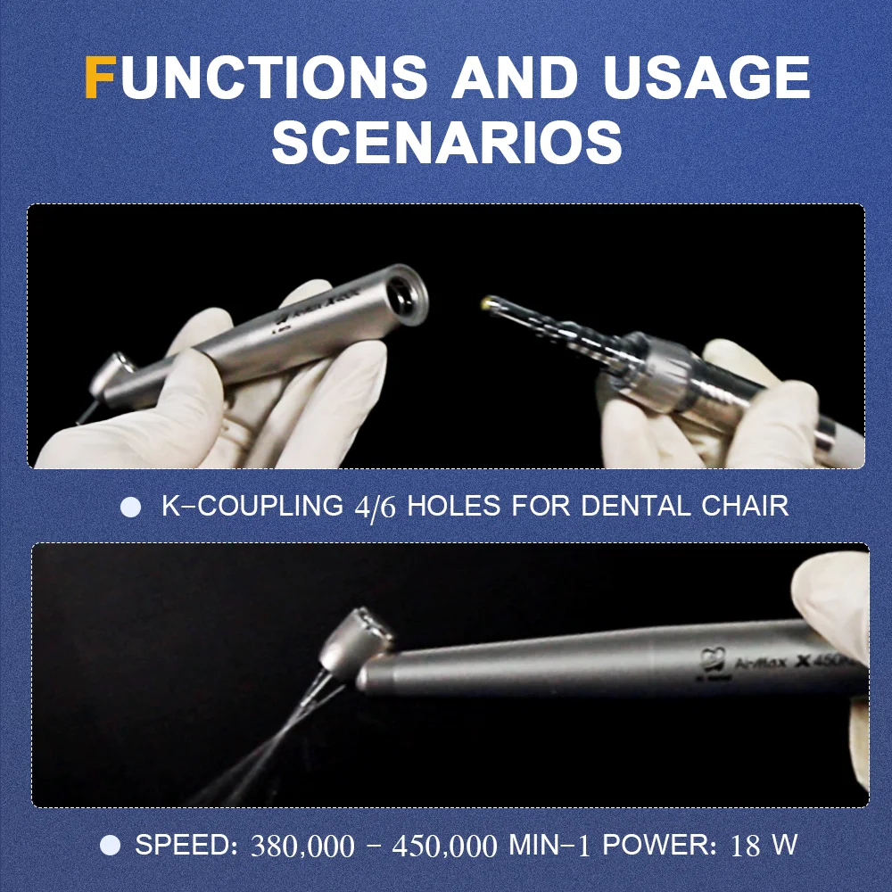 AI-X450KL 45-degree angled Mini head Dental Air Turbine High Speed Handpiece Optical LED 18W Power air Out of the back cover