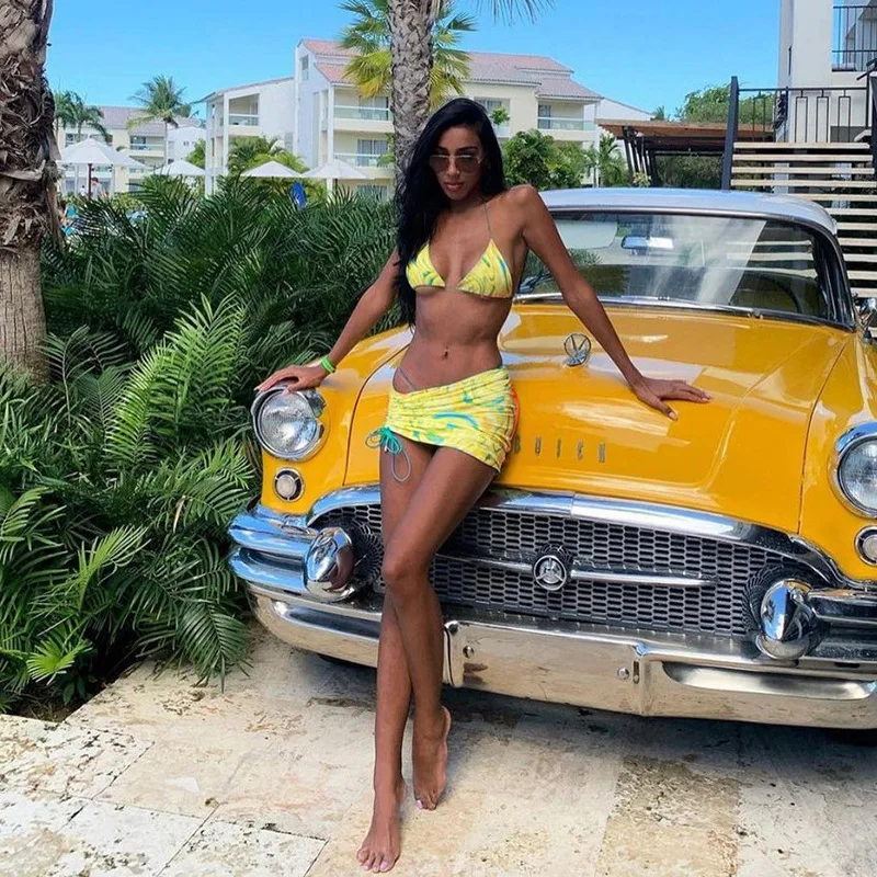 
Hot Selling Swimwear & Beachwear Print Mini Skirts and Triangle Bikini Set for Women 