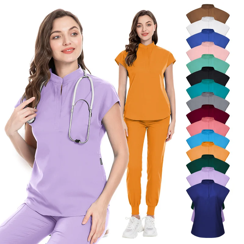 Unique Style Short Sleeves Mandarin Collar Women Salon Scrub Suits Stretch Nurse Hospital Scrubs Uniforms for Women