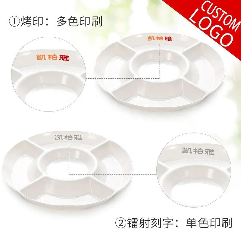 Round Plastic Melamine Fast Food Compartments Divided Lunch Cutlery tray plate for canteen Restaurant