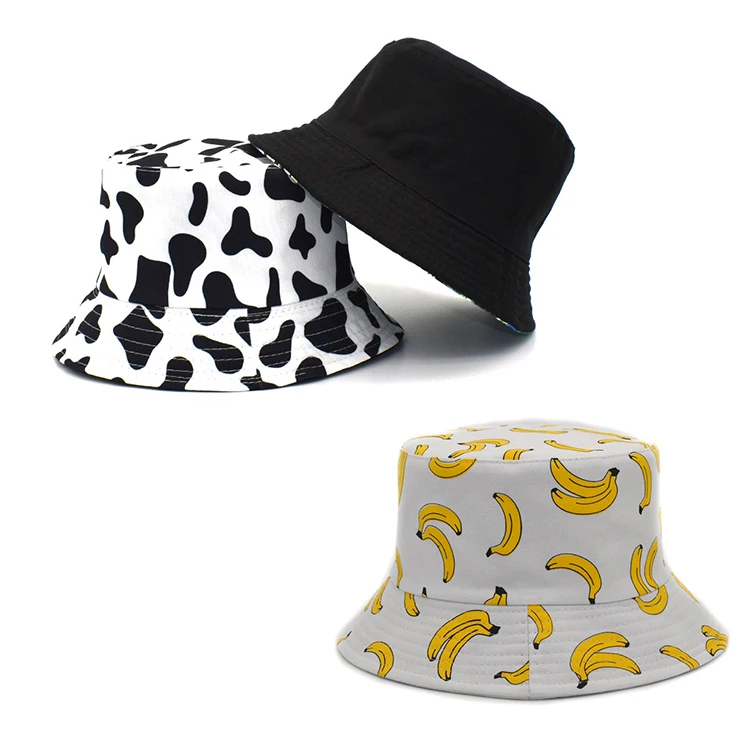 Reversible double side wear black cow fruit print outdoor bucket hats fisherman hat