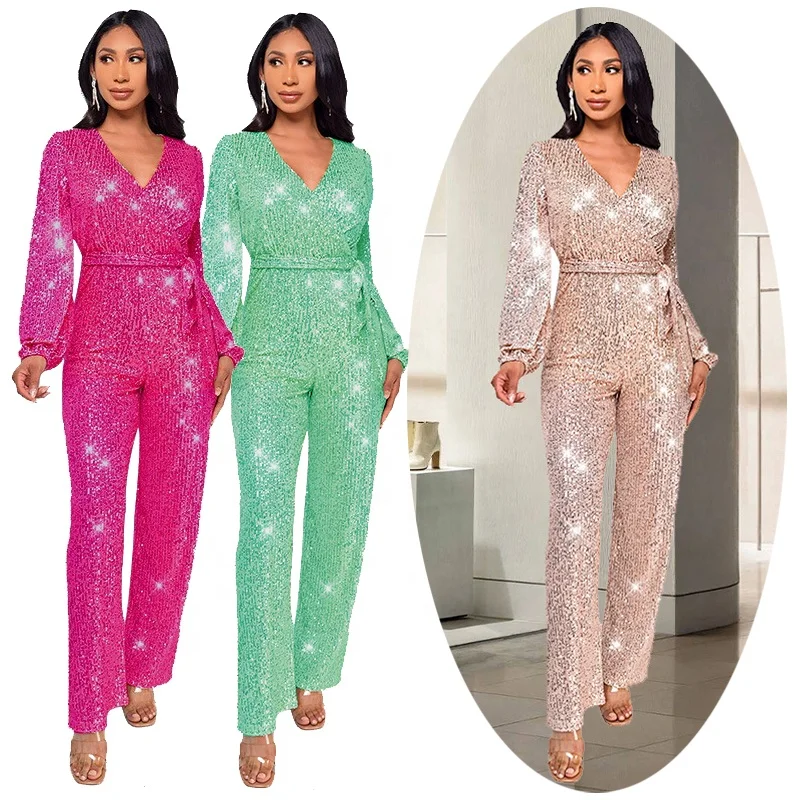 Womens Pink Sequin Jumpsuits Long Sleeve Glitter Party Dress Pants Bling Overalls Sparkly Romper Club Wear Evening Gowns