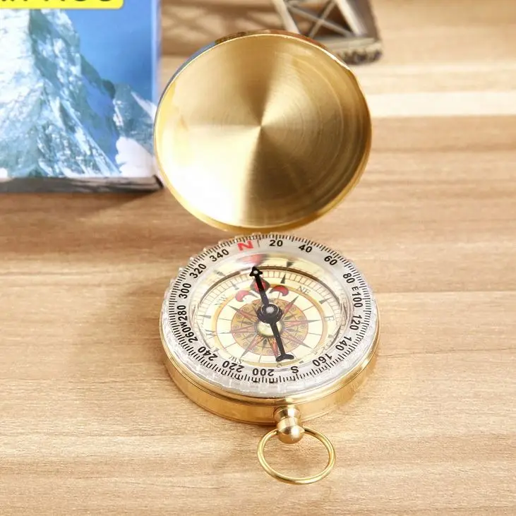 New Outdoor Camping Hiking Portable Pocket Brass Gold Color Copper Compass Navigation with Noctilucence Display Compass