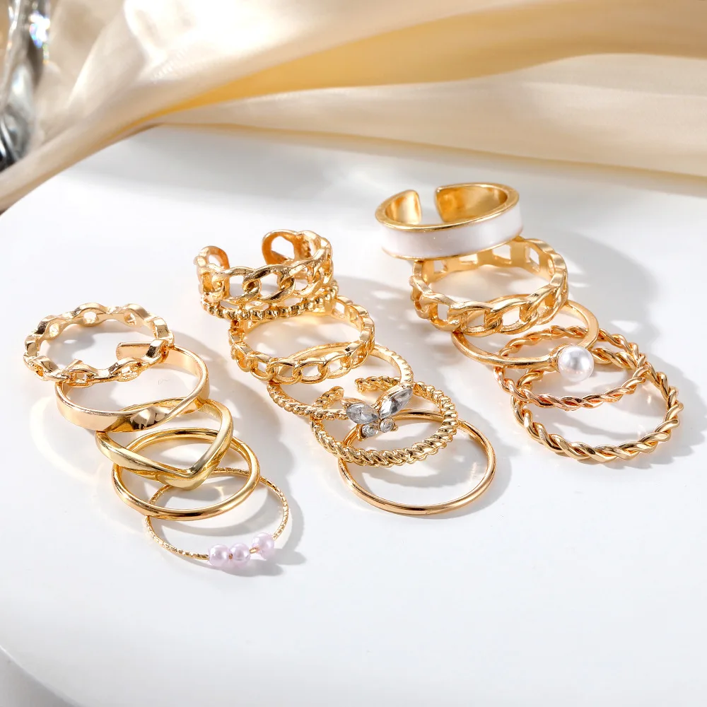 Retro inlaid pearl chain ring diamond butterfly open ring ins style ring set 15 pieces